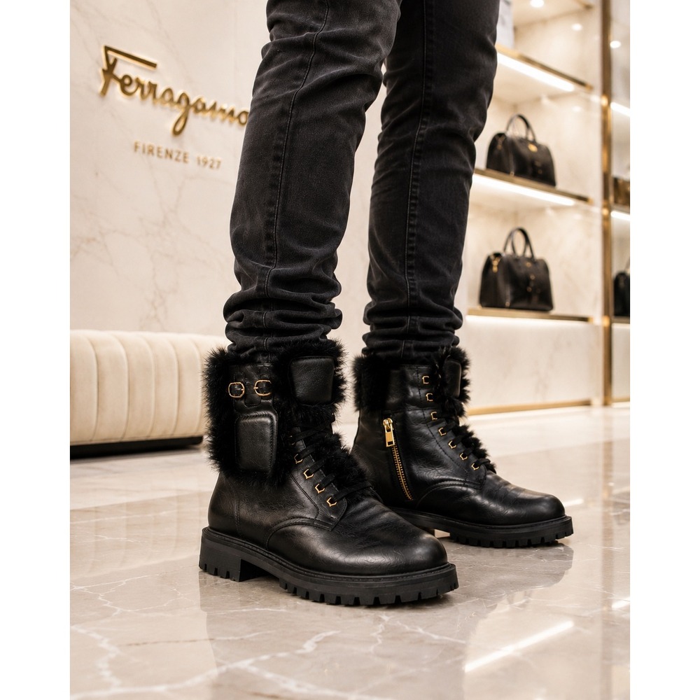 Salvatore Ferragamo Black Leather Fur‎ Trim Gancini Combat Boots US 7.5